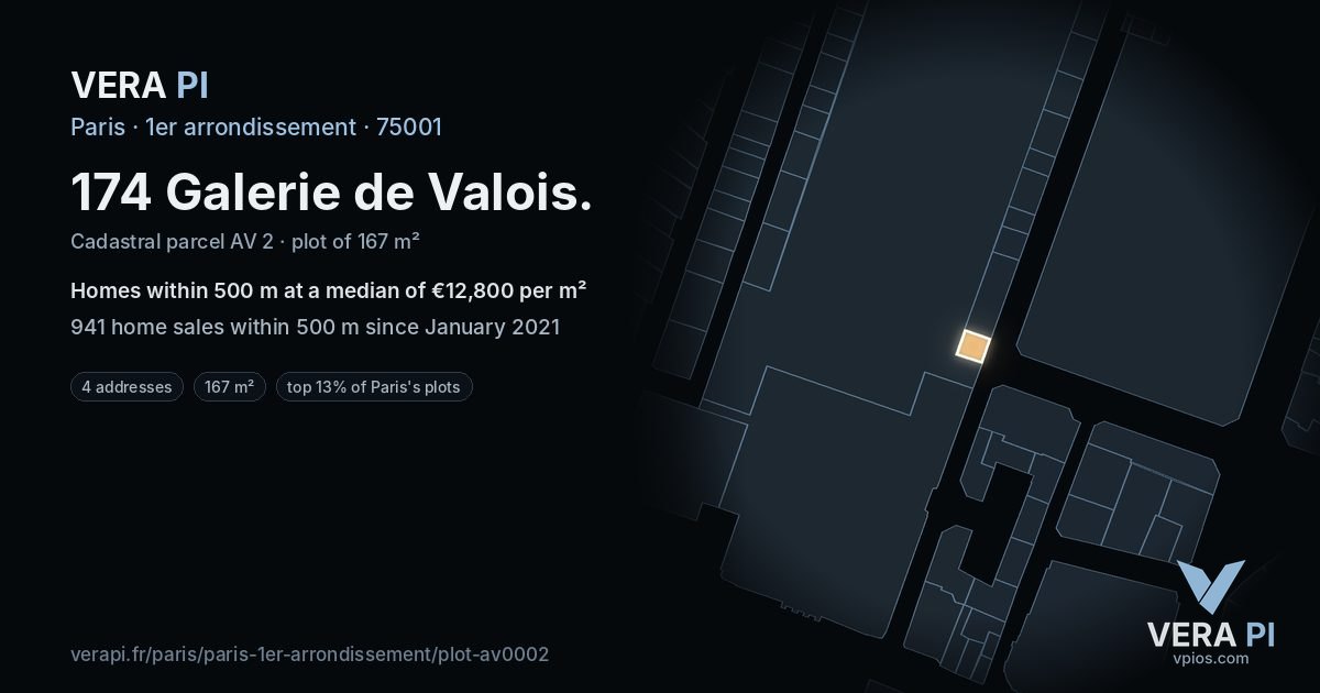 174 Galerie de Valois, 1er arrondissement at night – the plot lit, the parcels around coloured by the prices near them