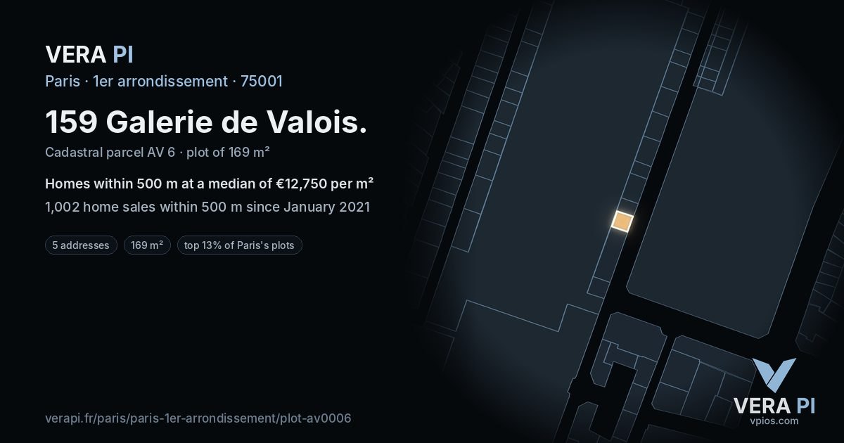 159 Galerie de Valois, 1er arrondissement at night – the plot lit, the parcels around coloured by the prices near them