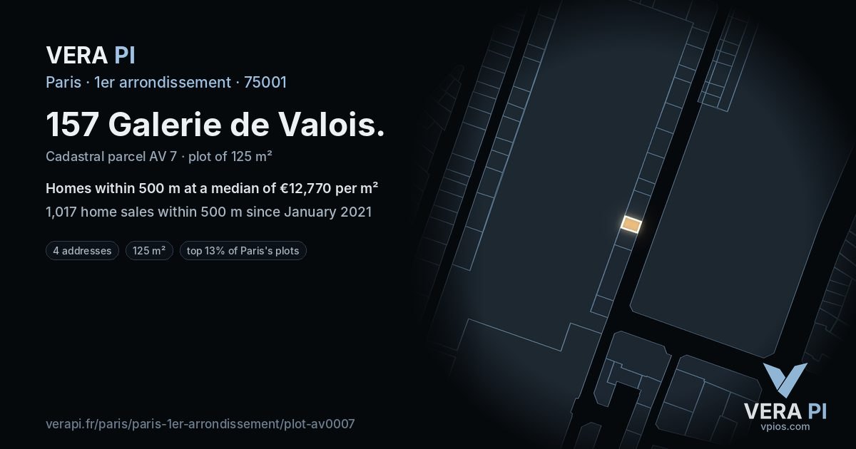 157 Galerie de Valois, 1er arrondissement at night – the plot lit, the parcels around coloured by the prices near them