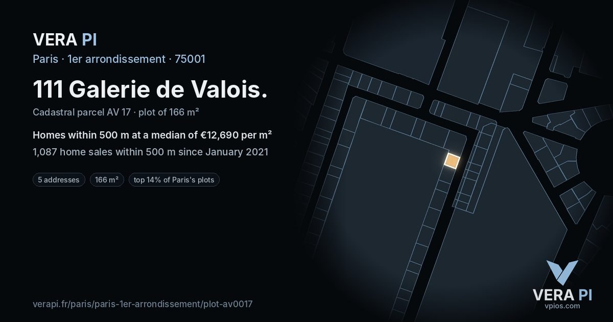 111 Galerie de Valois, 1er arrondissement at night – the plot lit, the parcels around coloured by the prices near them