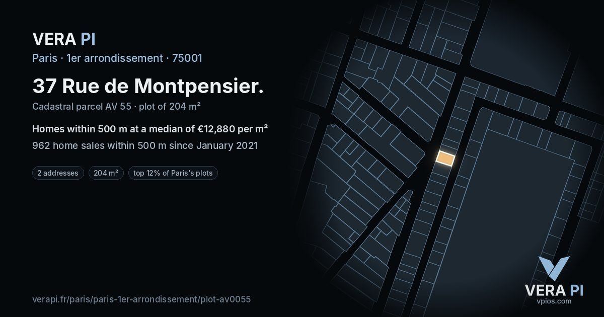 37 Rue de Montpensier, 1er arrondissement at night – the plot lit, the parcels around coloured by the prices near them