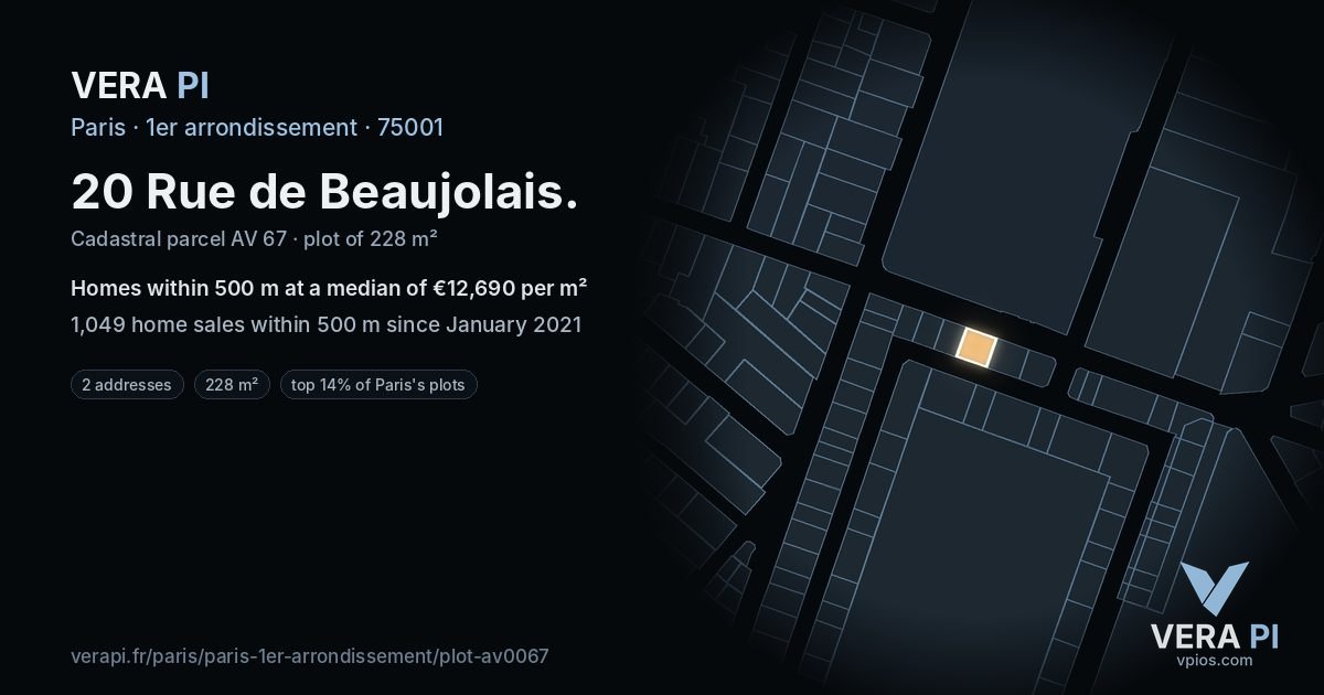 20 Rue de Beaujolais, 1er arrondissement at night – the plot lit, the parcels around coloured by the prices near them