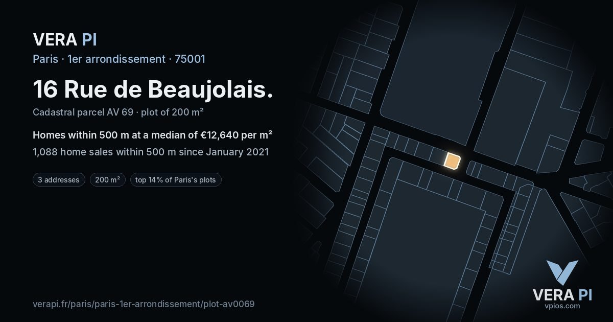 16 Rue de Beaujolais, 1er arrondissement at night – the plot lit, the parcels around coloured by the prices near them