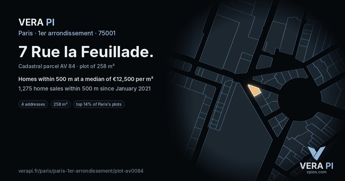 7 Rue la Feuillade, 1er arrondissement at night – the plot lit, the parcels around coloured by the prices near them