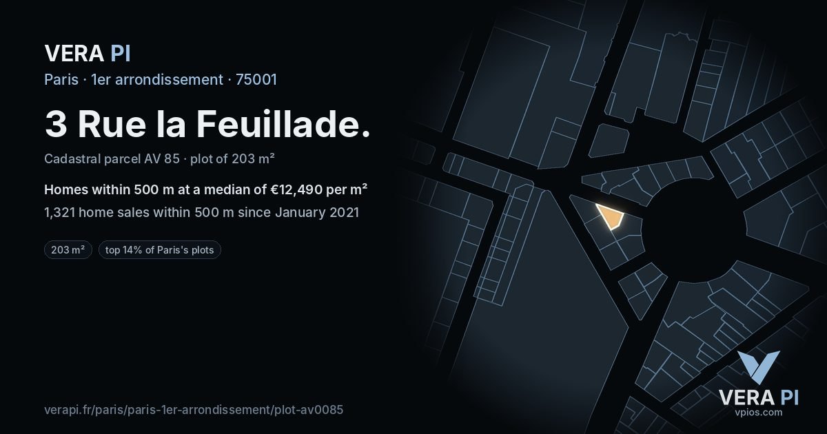 3 Rue la Feuillade, 1er arrondissement at night – the plot lit, the parcels around coloured by the prices near them