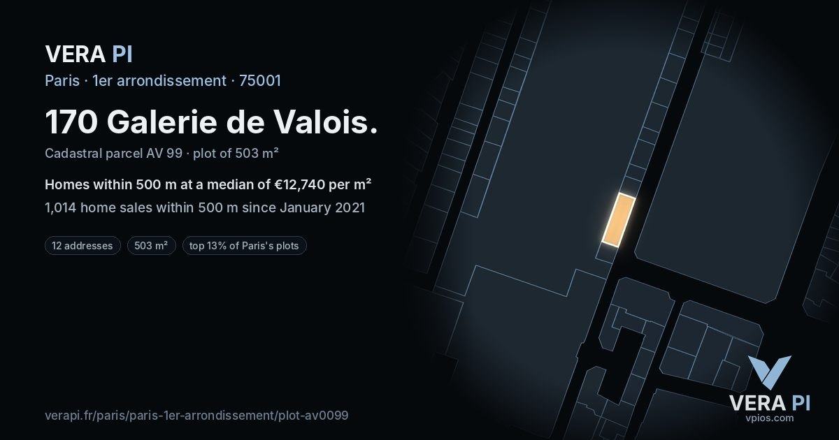 170 Galerie de Valois, 1er arrondissement at night – the plot lit, the parcels around coloured by the prices near them