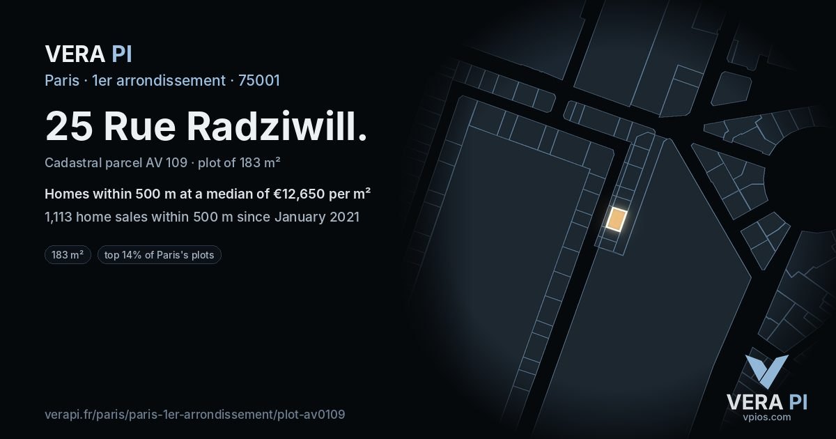 25 Rue Radziwill, 1er arrondissement at night – the plot lit, the parcels around coloured by the prices near them