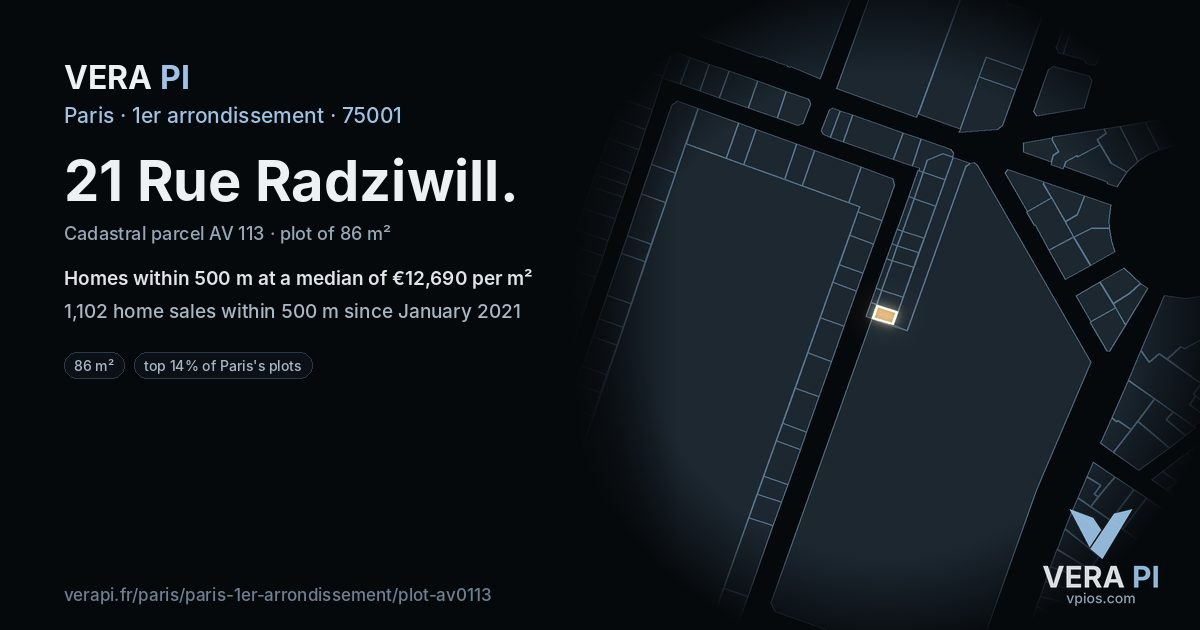 21 Rue Radziwill, 1er arrondissement at night – the plot lit, the parcels around coloured by the prices near them