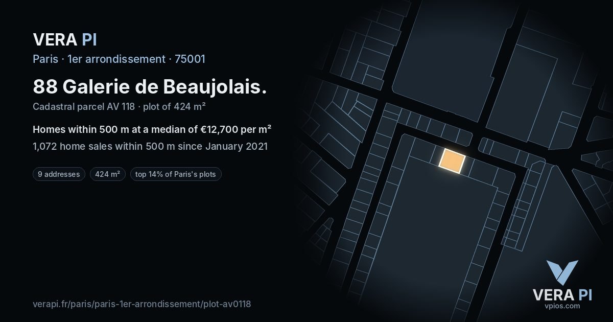 88 Galerie de Beaujolais, 1er arrondissement at night – the plot lit, the parcels around coloured by the prices near them