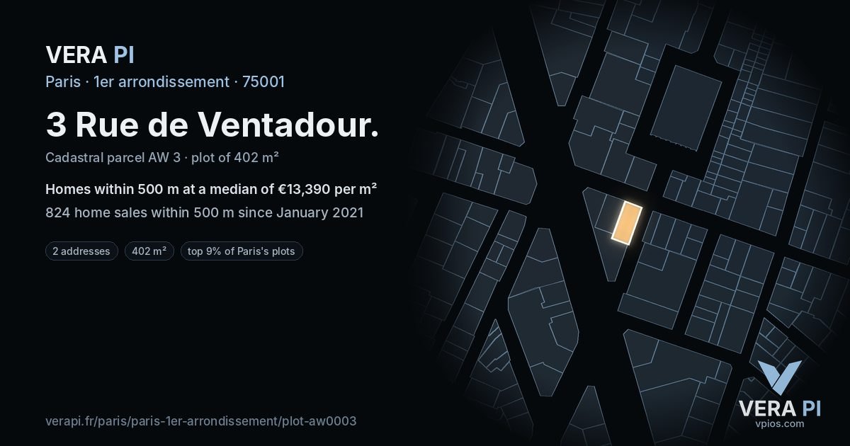3 Rue de Ventadour, 1er arrondissement at night – the plot lit, the parcels around coloured by the prices near them