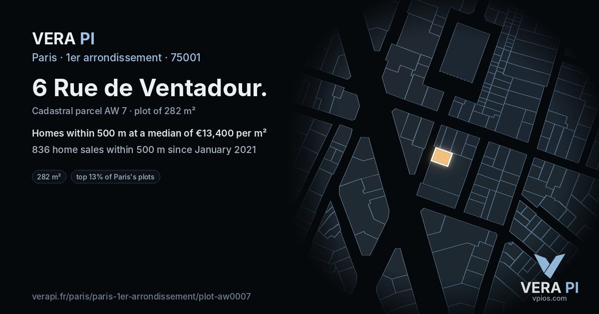 6 Rue de Ventadour, 1er arrondissement at night – the plot lit, the parcels around coloured by the prices near them