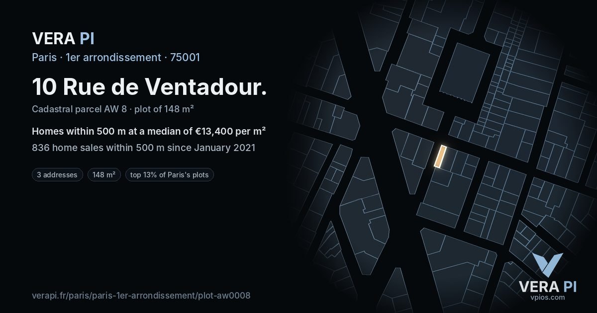10 Rue de Ventadour, 1er arrondissement at night – the plot lit, the parcels around coloured by the prices near them