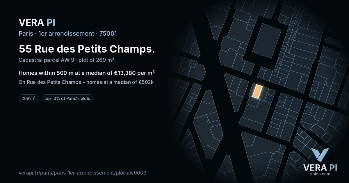 55 Rue des Petits Champs, 1er arrondissement at night – the plot lit, the parcels around coloured by the prices near them
