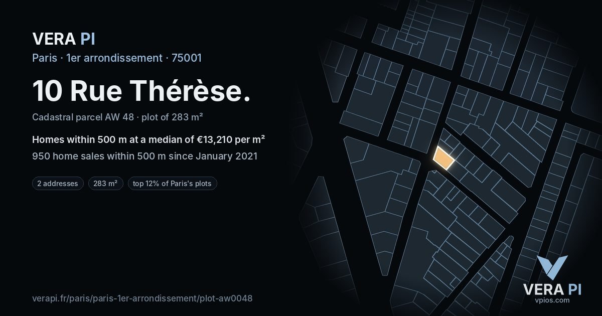 10 Rue Thérèse, 1er arrondissement at night – the plot lit, the parcels around coloured by the prices near them