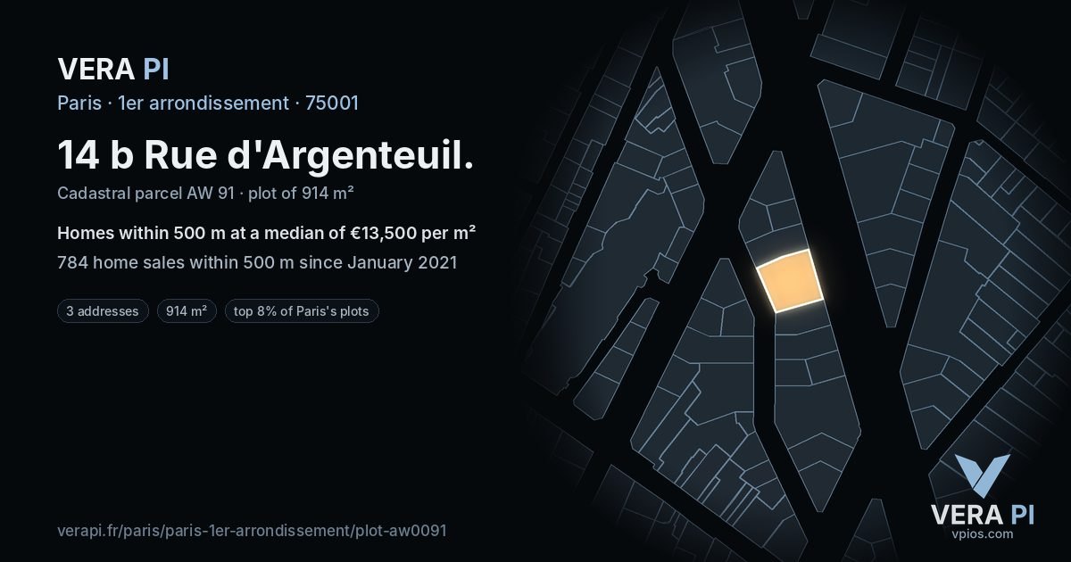 14 b Rue d'Argenteuil, 1er arrondissement at night – the plot lit, the parcels around coloured by the prices near them