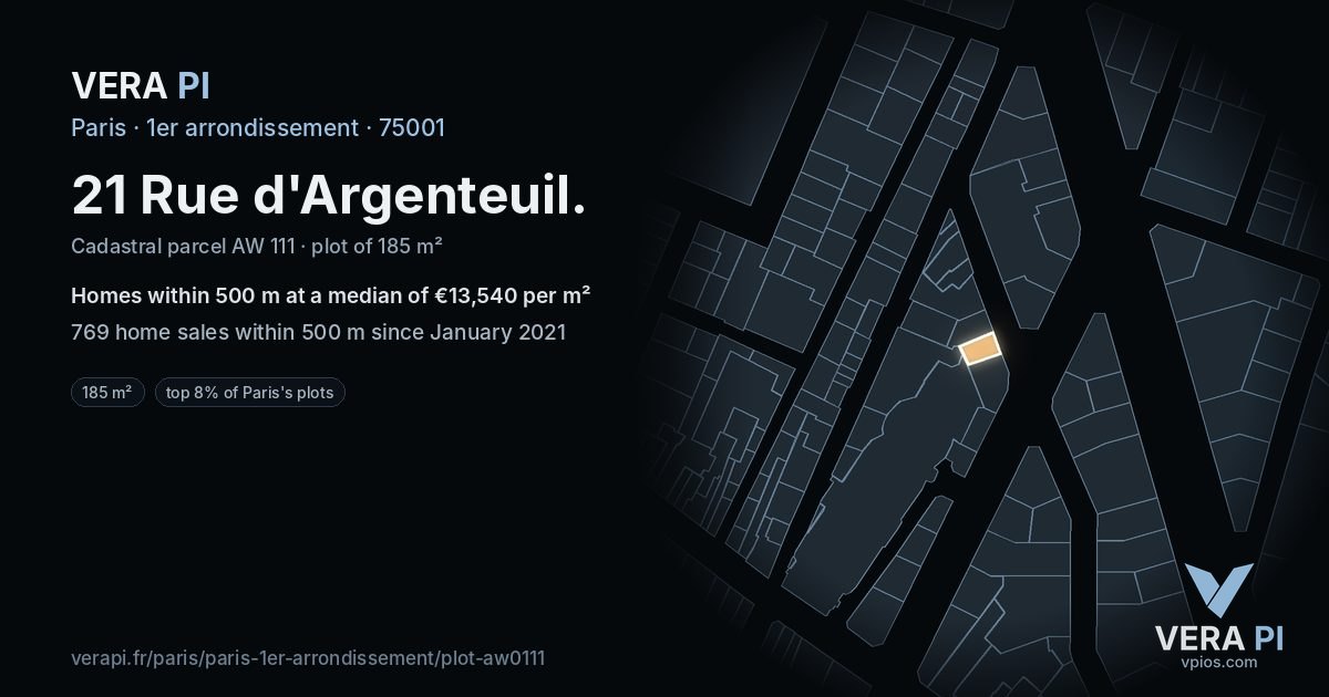 21 Rue d'Argenteuil, 1er arrondissement at night – the plot lit, the parcels around coloured by the prices near them