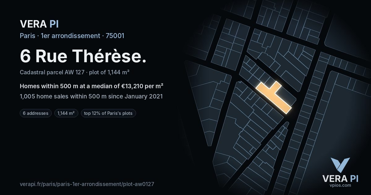 6 Rue Thérèse, 1er arrondissement at night – the plot lit, the parcels around coloured by the prices near them