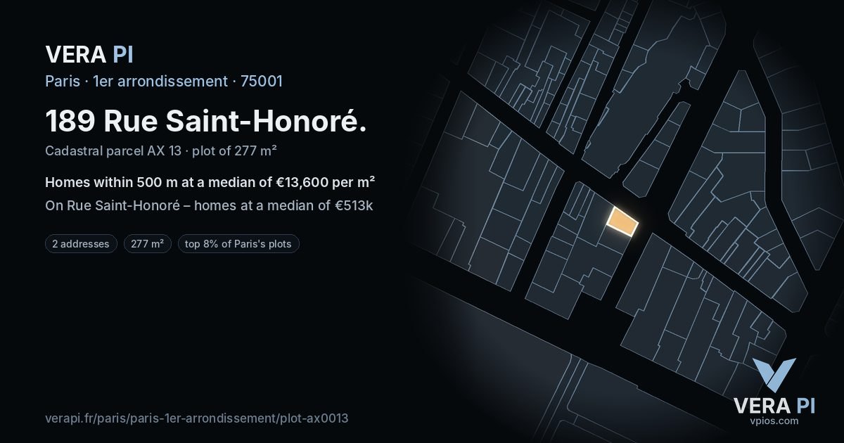 189 Rue Saint-Honoré, 1er arrondissement at night – the plot lit, the parcels around coloured by the prices near them