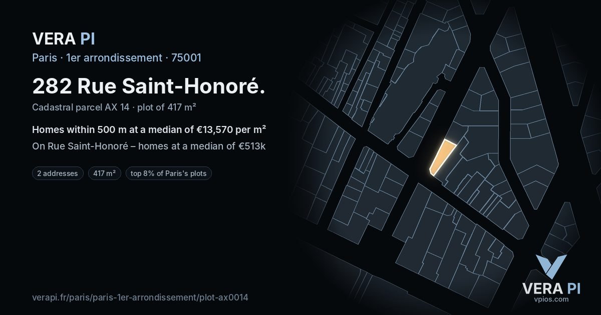 282 Rue Saint-Honoré, 1er arrondissement at night – the plot lit, the parcels around coloured by the prices near them