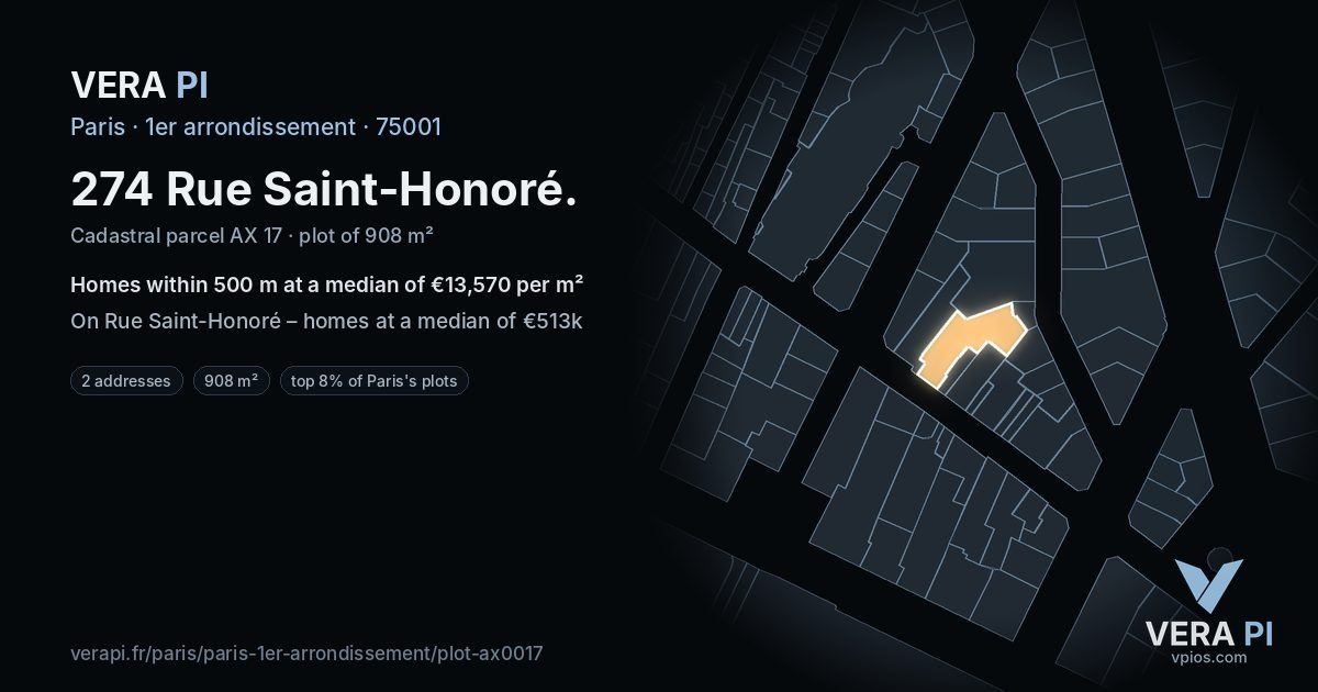 274 Rue Saint-Honoré, 1er arrondissement at night – the plot lit, the parcels around coloured by the prices near them