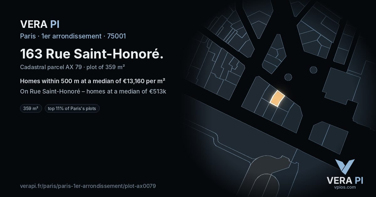 163 Rue Saint-Honoré, 1er arrondissement at night – the plot lit, the parcels around coloured by the prices near them