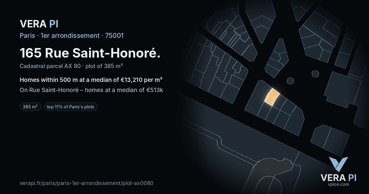 165 Rue Saint-Honoré, 1er arrondissement at night – the plot lit, the parcels around coloured by the prices near them