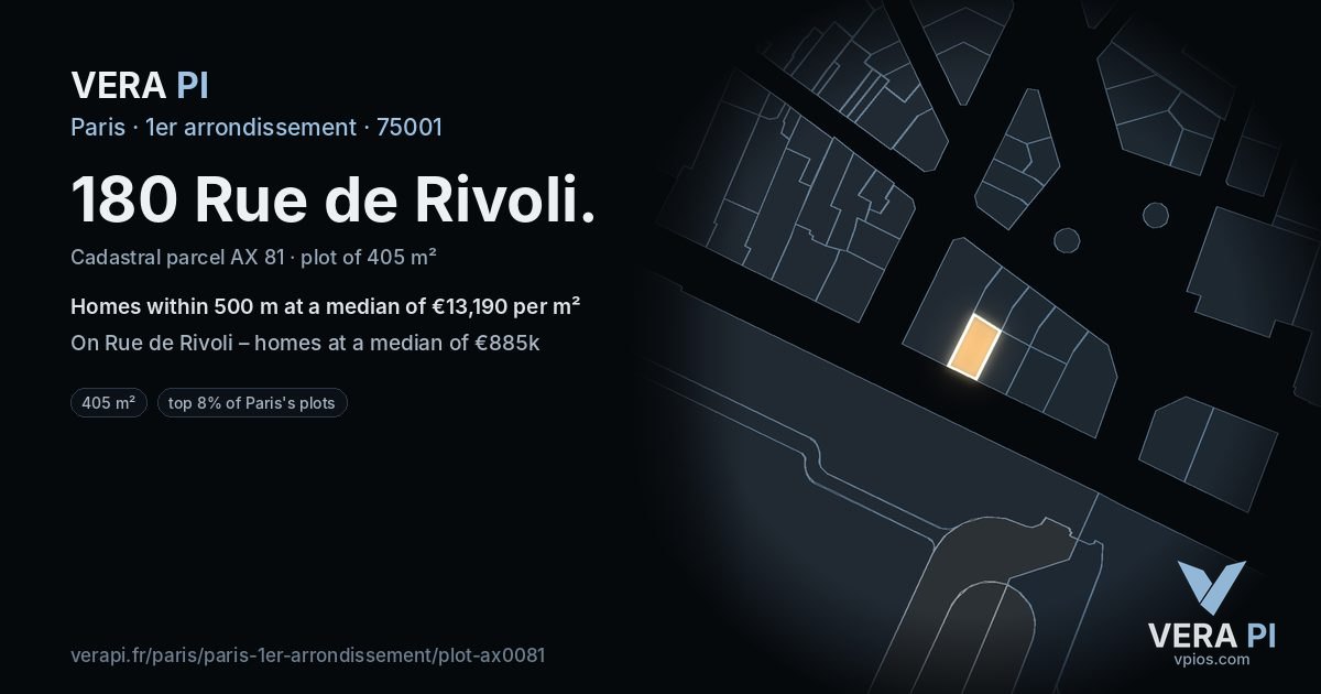 180 Rue de Rivoli, 1er arrondissement at night – the plot lit, the parcels around coloured by the prices near them