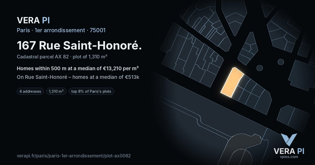 167 Rue Saint-Honoré, 1er arrondissement at night – the plot lit, the parcels around coloured by the prices near them