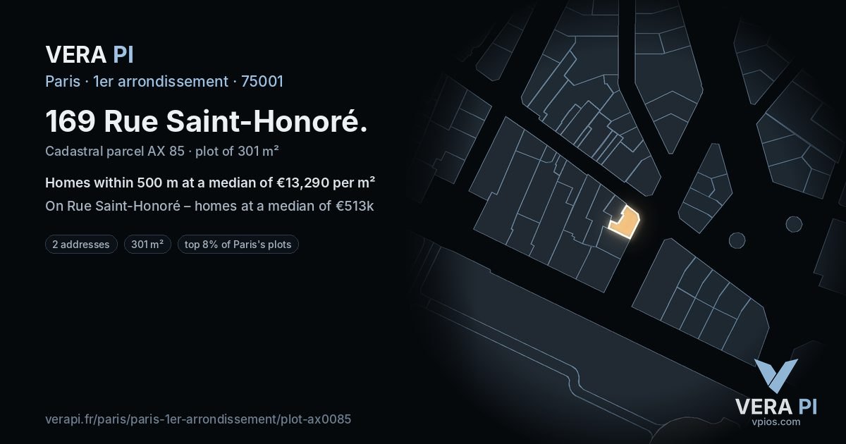 169 Rue Saint-Honoré, 1er arrondissement at night – the plot lit, the parcels around coloured by the prices near them