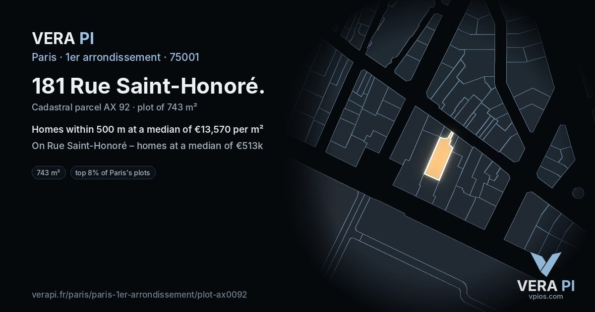 181 Rue Saint-Honoré, 1er arrondissement at night – the plot lit, the parcels around coloured by the prices near them