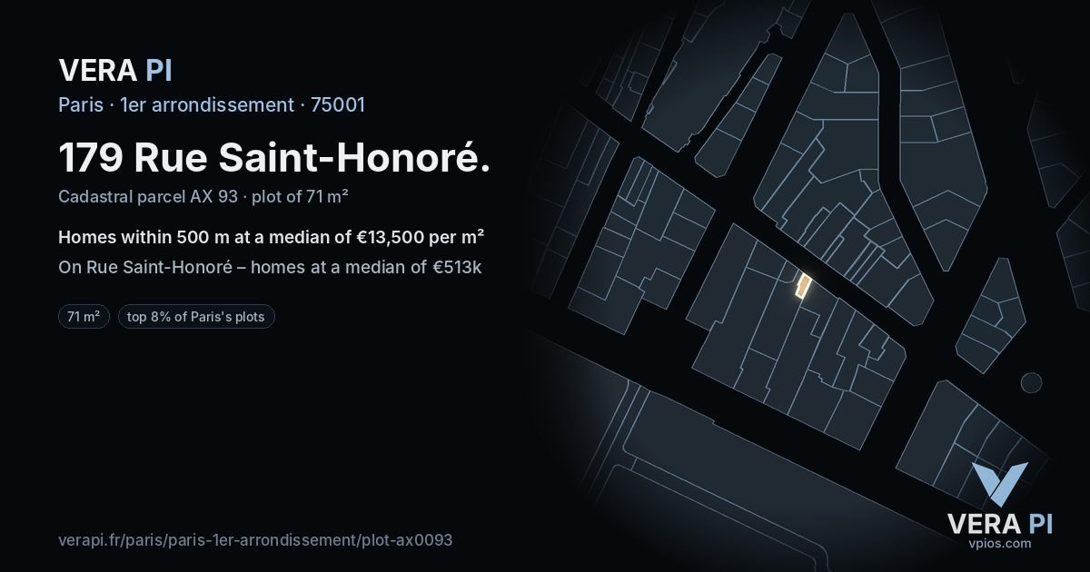 179 Rue Saint-Honoré, 1er arrondissement at night – the plot lit, the parcels around coloured by the prices near them