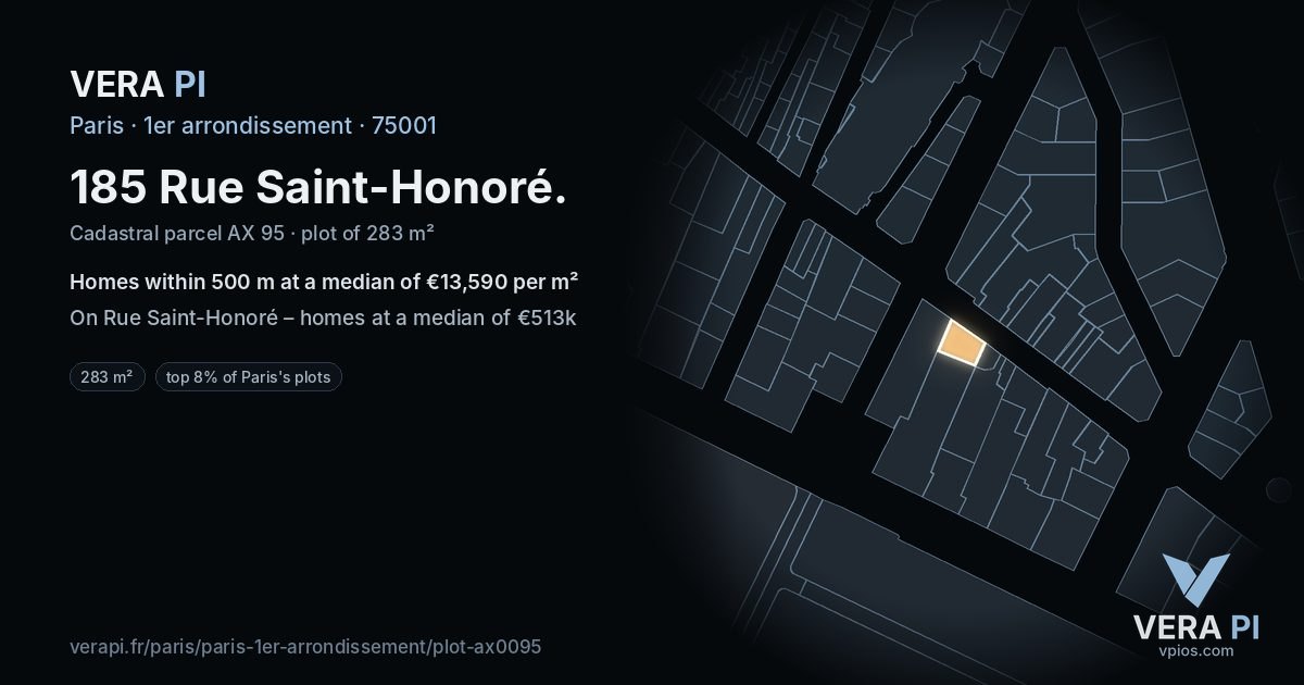 185 Rue Saint-Honoré, 1er arrondissement at night – the plot lit, the parcels around coloured by the prices near them