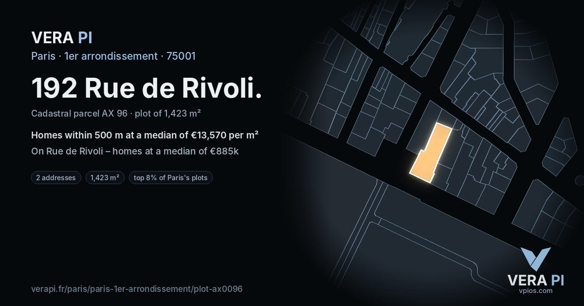 192 Rue de Rivoli, 1er arrondissement at night – the plot lit, the parcels around coloured by the prices near them