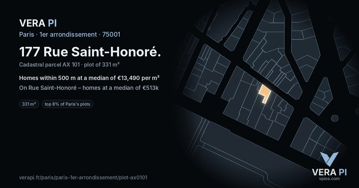 177 Rue Saint-Honoré, 1er arrondissement at night – the plot lit, the parcels around coloured by the prices near them