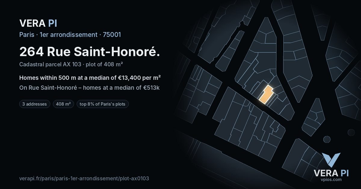 264 Rue Saint-Honoré, 1er arrondissement at night – the plot lit, the parcels around coloured by the prices near them