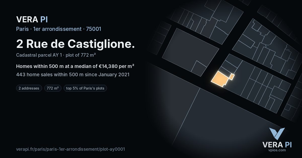 2 Rue de Castiglione, 1er arrondissement at night – the plot lit, the parcels around coloured by the prices near them
