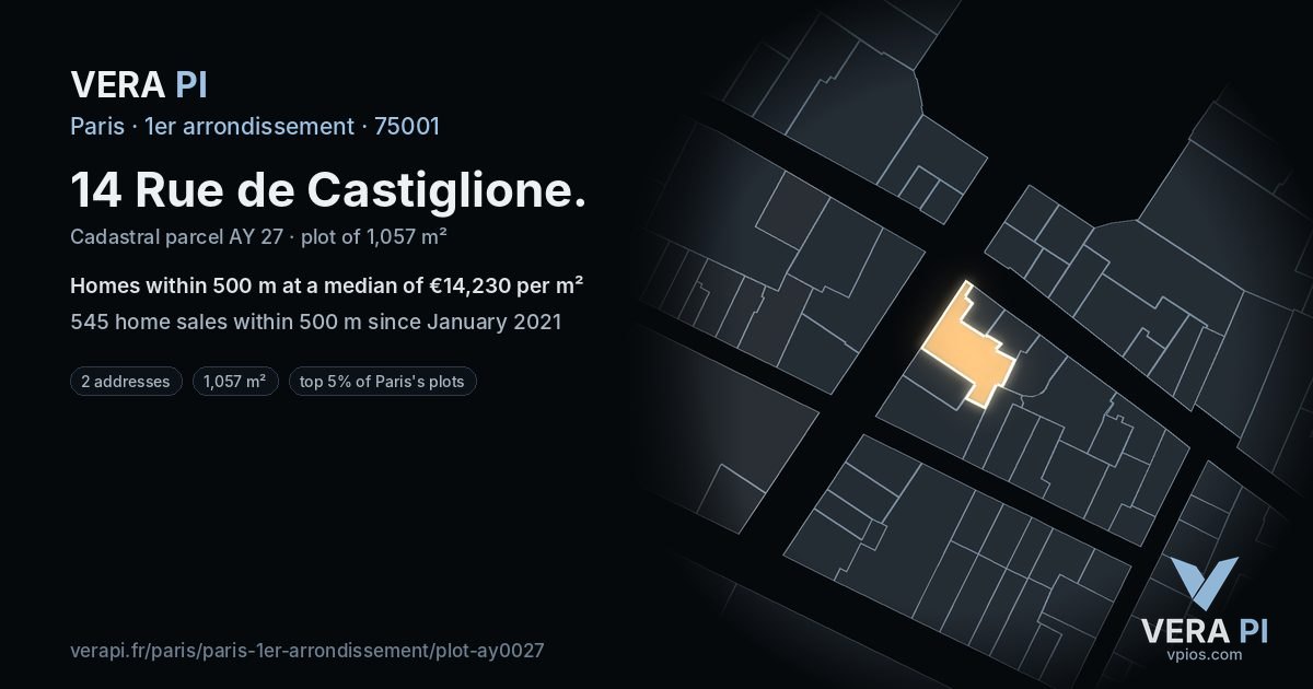14 Rue de Castiglione, 1er arrondissement at night – the plot lit, the parcels around coloured by the prices near them