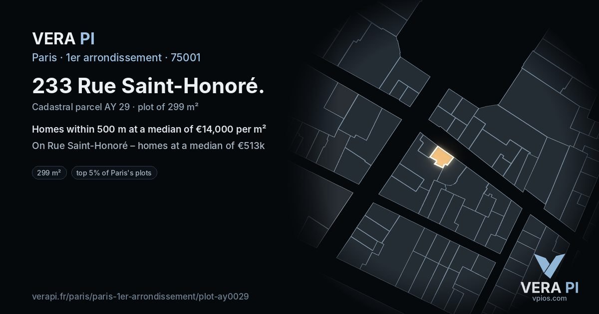 233 Rue Saint-Honoré, 1er arrondissement at night – the plot lit, the parcels around coloured by the prices near them