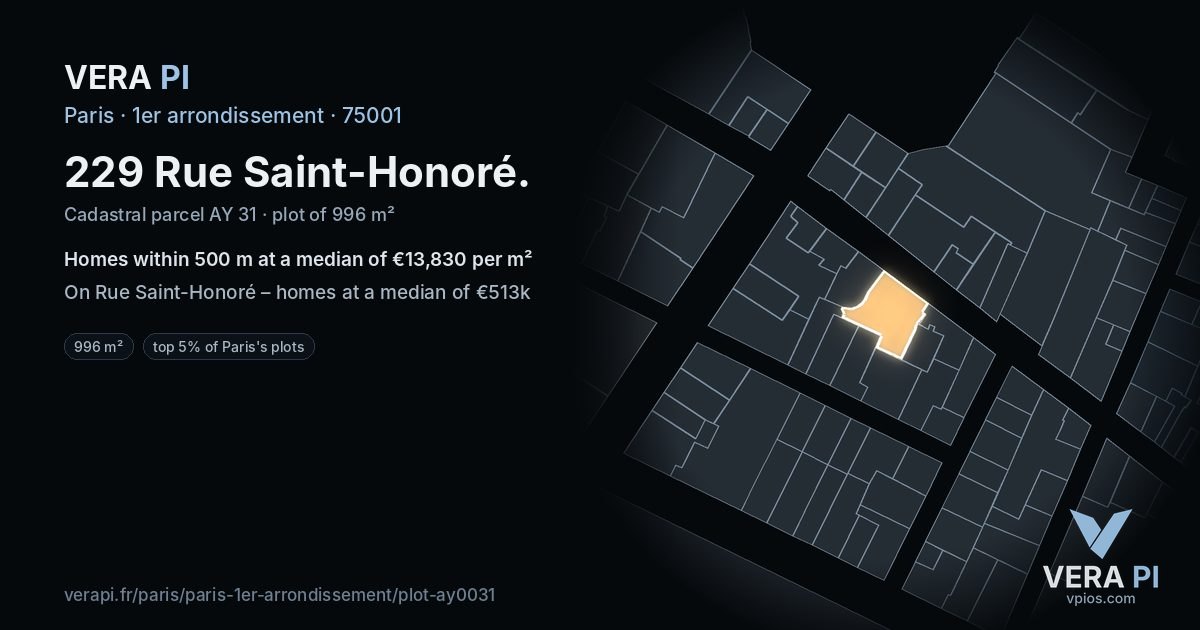 229 Rue Saint-Honoré, 1er arrondissement at night – the plot lit, the parcels around coloured by the prices near them