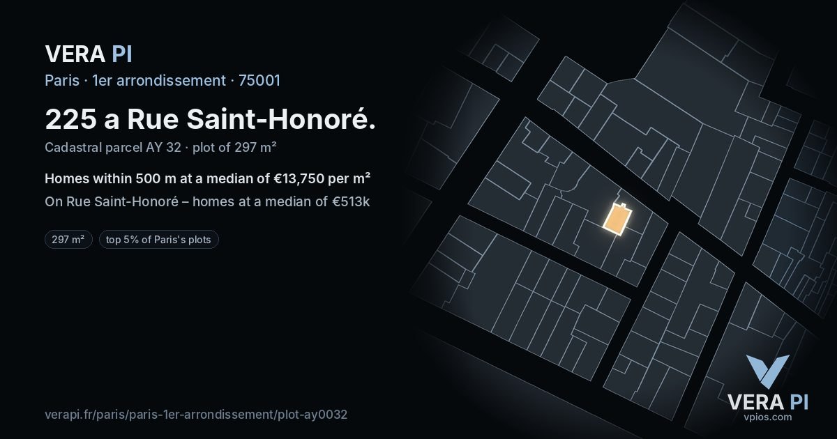 225 a Rue Saint-Honoré, 1er arrondissement at night – the plot lit, the parcels around coloured by the prices near them
