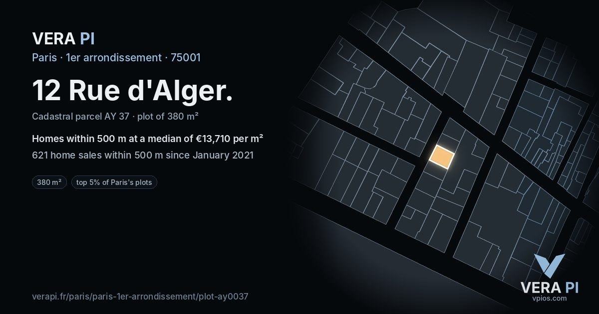 12 Rue d'Alger, 1er arrondissement at night – the plot lit, the parcels around coloured by the prices near them
