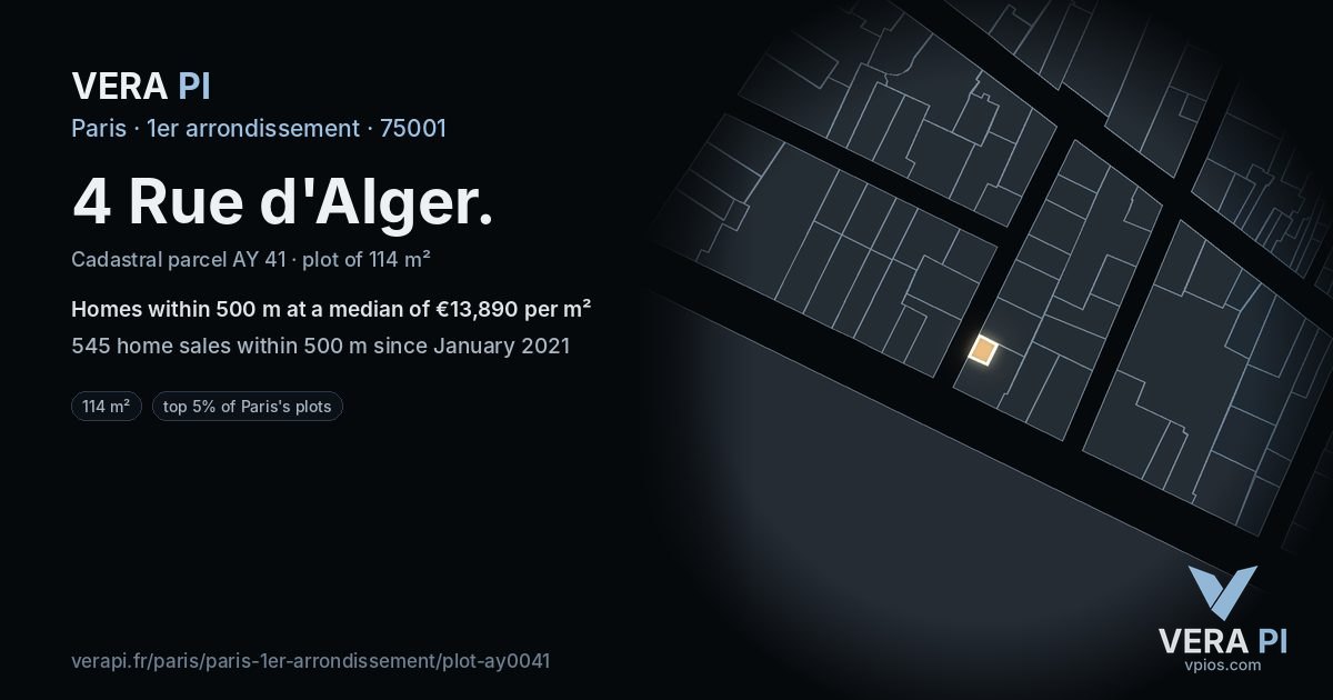 4 Rue d'Alger, 1er arrondissement at night – the plot lit, the parcels around coloured by the prices near them