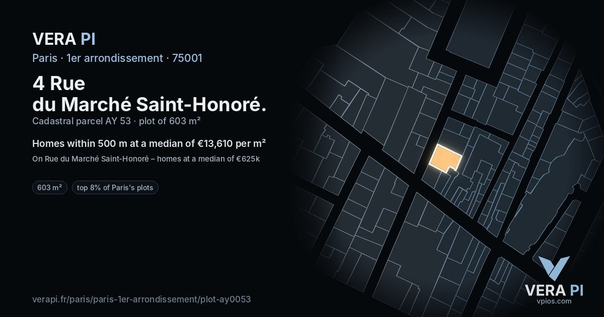 4 Rue du Marché Saint-Honoré, 1er arrondissement at night – the plot lit, the parcels around coloured by the prices near them