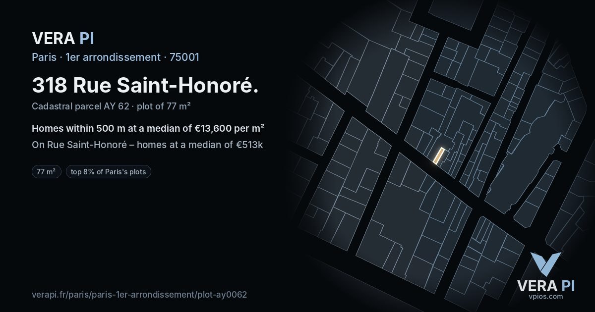 318 Rue Saint-Honoré, 1er arrondissement at night – the plot lit, the parcels around coloured by the prices near them