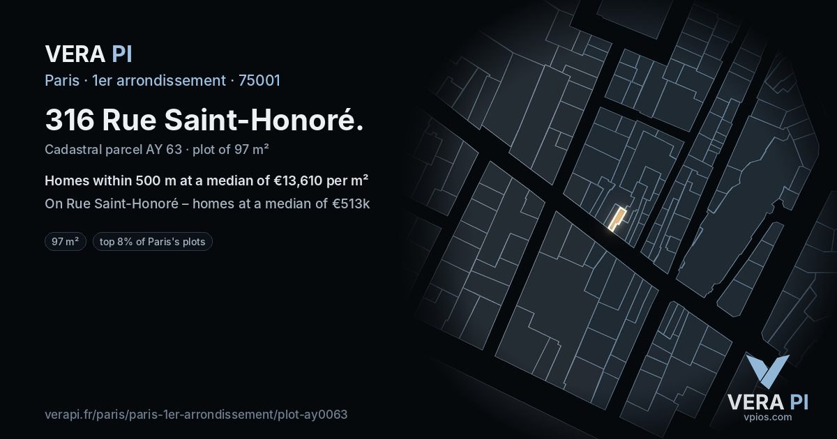 316 Rue Saint-Honoré, 1er arrondissement at night – the plot lit, the parcels around coloured by the prices near them