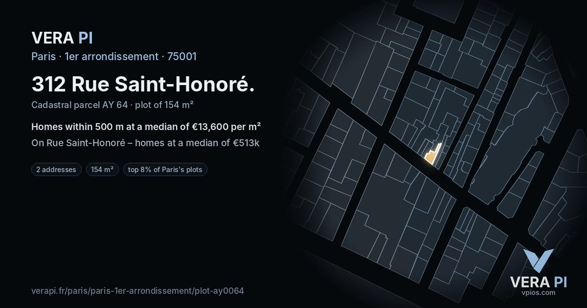 312 Rue Saint-Honoré, 1er arrondissement at night – the plot lit, the parcels around coloured by the prices near them