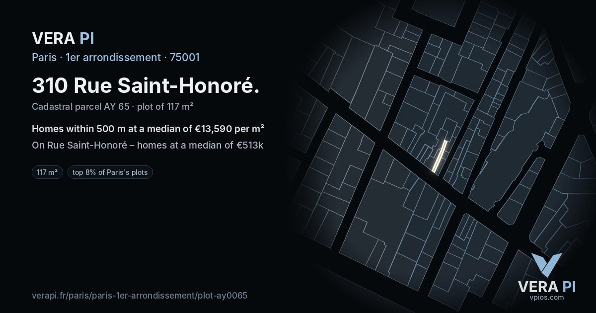 310 Rue Saint-Honoré, 1er arrondissement at night – the plot lit, the parcels around coloured by the prices near them