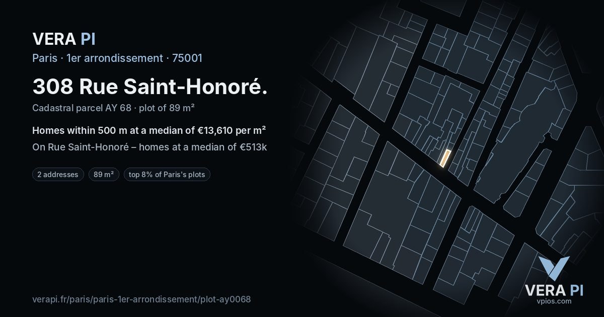 308 Rue Saint-Honoré, 1er arrondissement at night – the plot lit, the parcels around coloured by the prices near them