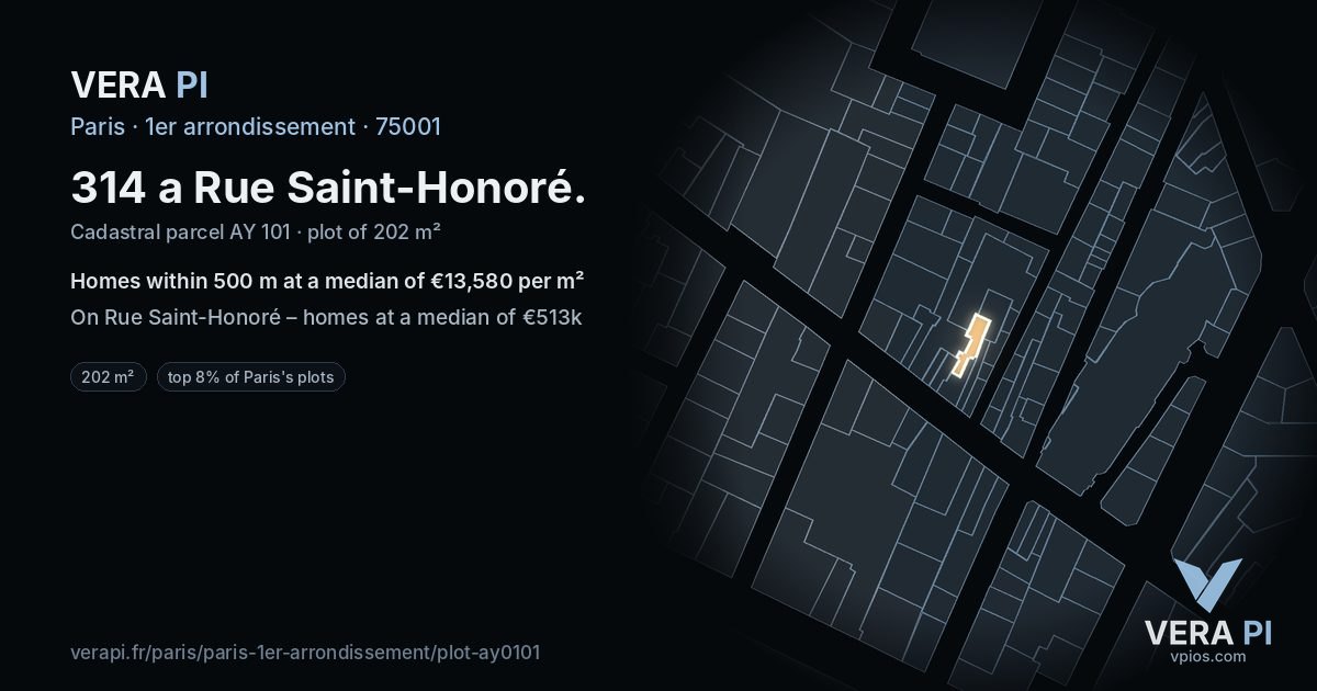 314 a Rue Saint-Honoré, 1er arrondissement at night – the plot lit, the parcels around coloured by the prices near them