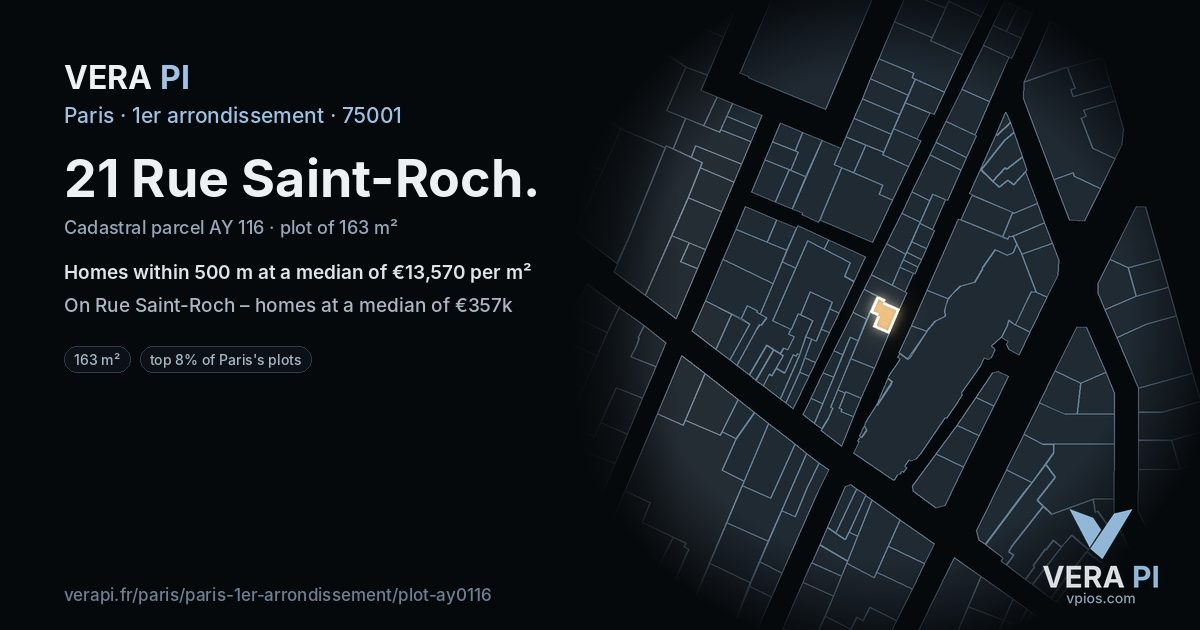 21 Rue Saint-Roch, 1er arrondissement at night – the plot lit, the parcels around coloured by the prices near them